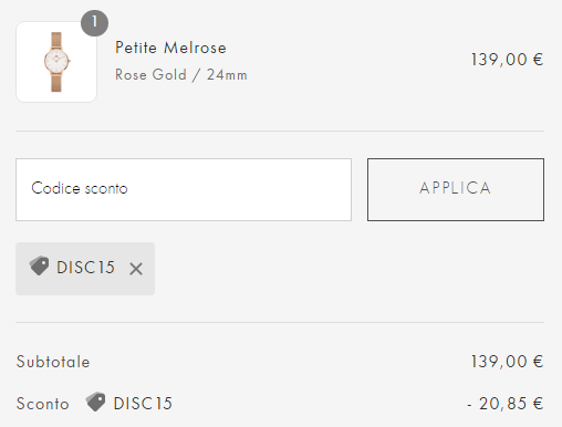 Ecco il coupon Daniel Wellington applicato al totale dell'ordine