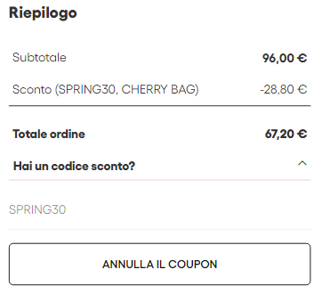Il codice sconto Naj Oleari applicato al totale